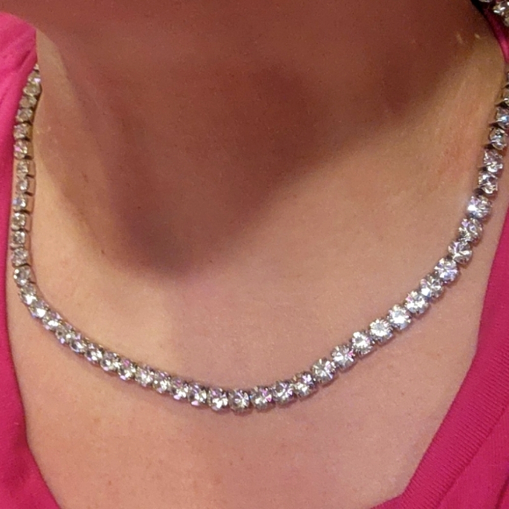 Cubic Zirconia CZ Tennis Necklage in 18K White Plated Stainless Steel.